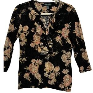 Lauren Ralph Lauren Black Sheer Floral Lace Ruffle V Neck Top M Whimsigoth Fairy